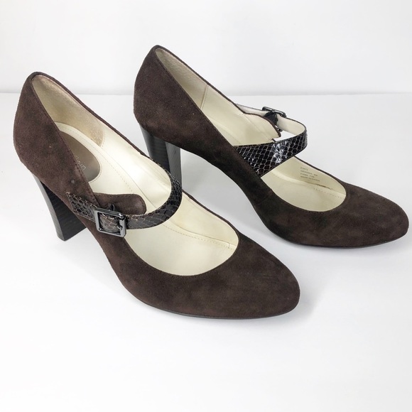 Calvin Klein Shoes - CALVIN KLEIN Orianna brown suede feel Mary Jane PUMPS Heels Shoes SIZE 8 M EUC